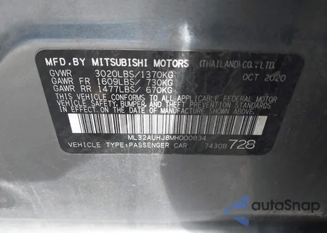 2021 Mitsubishi Mirage from USA, damaged, VIN ML32AUHJ8MH000834